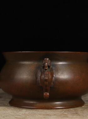 铜香炉摆件 苏工铜双龙耳圈足炉 家居办公桌面装饰礼品工艺品