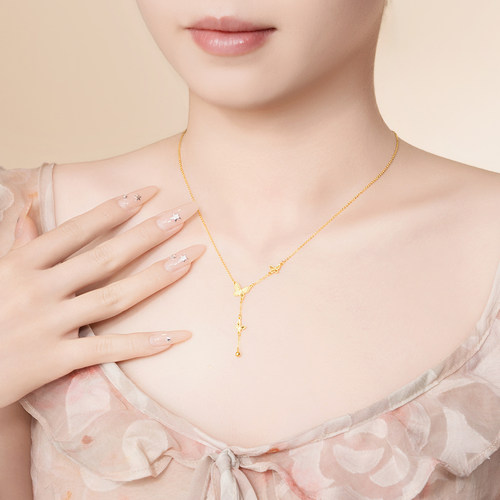 水贝黄金官方旗舰店足金999漫天蝶舞套链三蝴蝶项链送女友礼物 - 图2