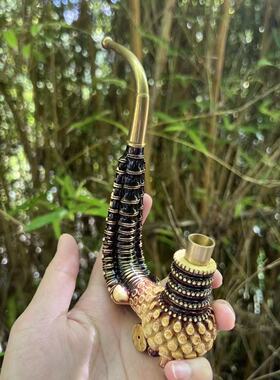 贵州黑竹实心雕刻烟斗三用约21cm