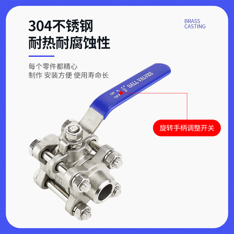 三片式304不锈钢球阀3PC高压丝扣内螺纹DN15/20/25/32/40/50 - 图1