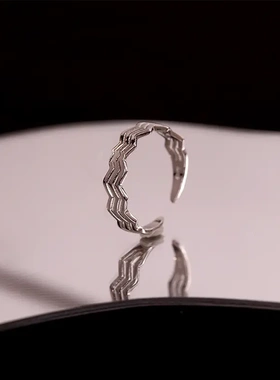 s925银日韩波浪纹戒指女小众设计开口食指闺蜜指环时尚个性