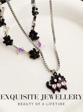 甜酷辣妹嘻哈风双层叠戴猫咪项链女可爱黑色猫猫时尚潮百搭锁骨链