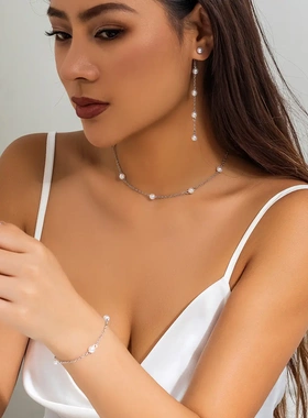 欧美饰品 法式复古仿珍珠链条项链女 气质简约金属锁骨链套装