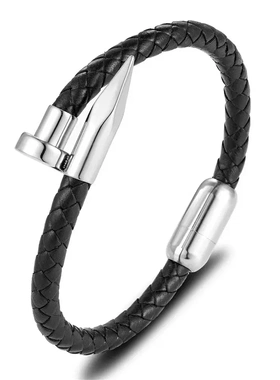 2023夏季欧美爆款钉子头手链编制牛皮不锈钢手镯男简约黑色送男朋