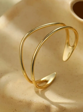 s925银极简双层线条手镯女欧美ins风时尚感开口手环手饰品