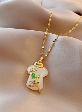 中典雅宫廷风仿和田玉吊坠挂件古法金镶白玉旗袍石项链