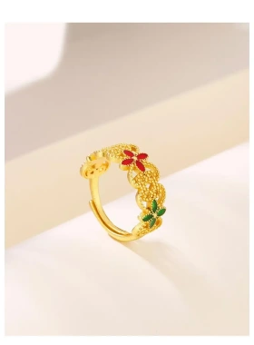 复古宫廷风红珐琅镶嵌开口戒指女黄金古典百搭指环女友钻石礼物