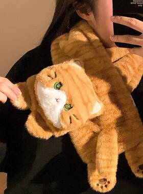 可爱黄色小猫翻盖加厚保暖手套女半指加绒防冻可触屏学生写字冬季