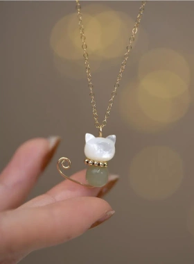 慵懒猫咪天然和田玉小众淡水珍珠项链14k包金项链锁骨链女轻奢感