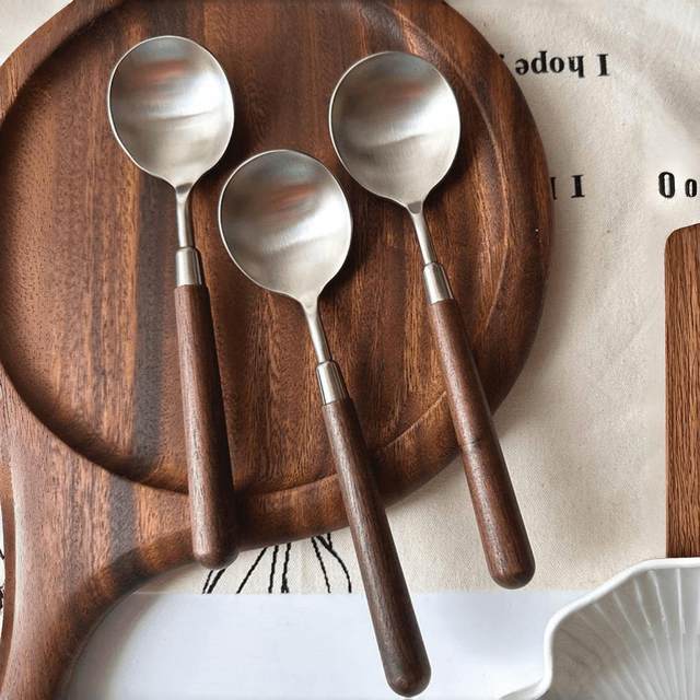 Imitation wood grain walnut color tableware stainless steel soup spoon hot pot spoon soup spoon soup split meal spoon retro home eating spoon