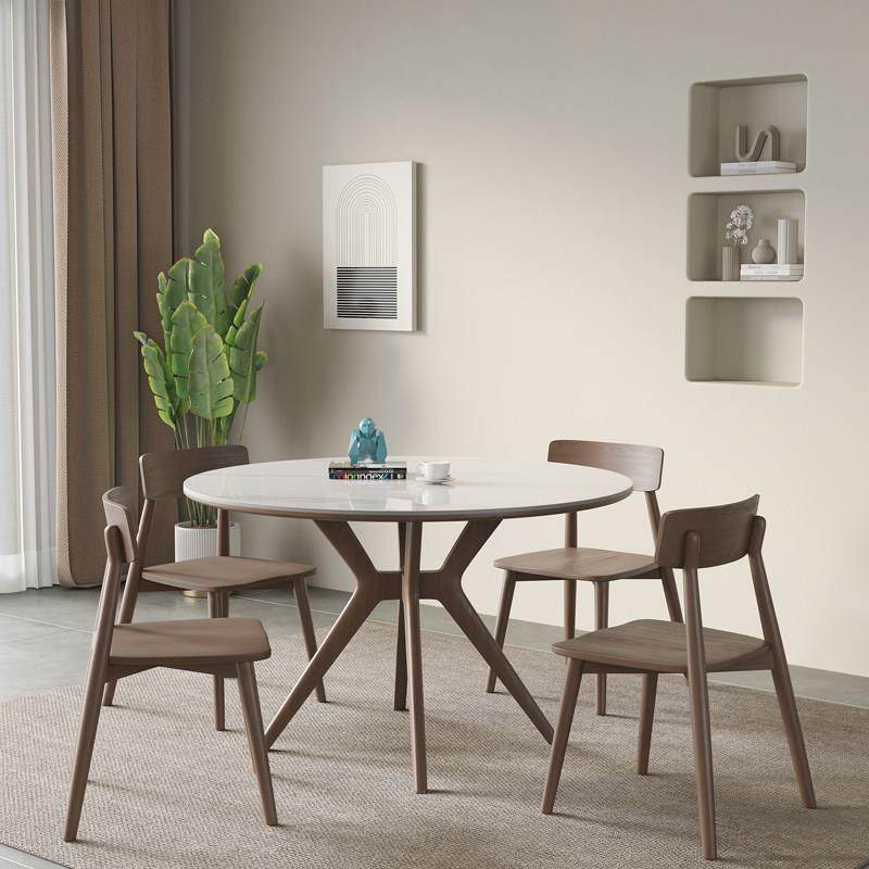 明匠轩家居北欧风胡桃色家用实木岩板圆形餐桌椅组合餐厅吃饭圆桌,淘宝优惠券,粉丝福利购,淘宝优惠卷