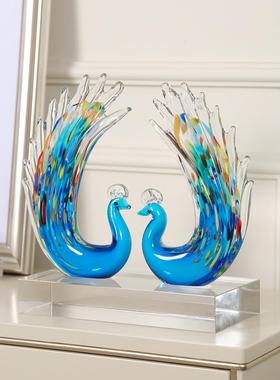 现代亲民奢华艺术彩釉孔雀动物饰品客厅酒柜入口高端工艺品饰品