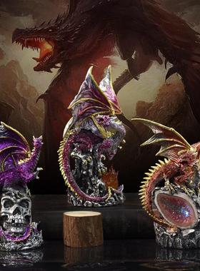 跨境新款欧式圣龙战斗龙摆件熔岩树脂底座发光恐龙蛋家居装饰礼品