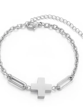 时尚不锈钢饰品 欧美风格复古十字架金色钛钢手环个性拼接手链