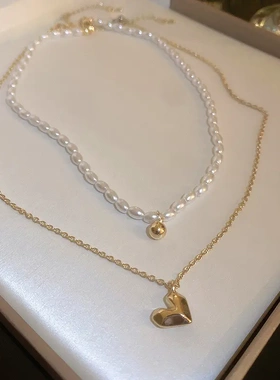 韩国气质爱心珍珠项链金属风镶钻结锁骨链项坠简约项饰女