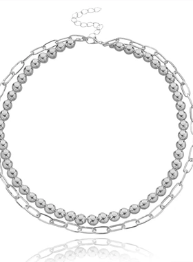 欧美饰品 铝合金珠子锁形链条项链 女士夸张时尚复古多层项饰