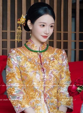 新中式祖母绿色串珠秀禾服项链国风龙凤褂配饰马面裙脖颈链锁骨链