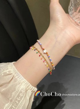彩色串珠双层多巴胺手链女轻奢小众精致叠戴流苏手串闺蜜手饰星星