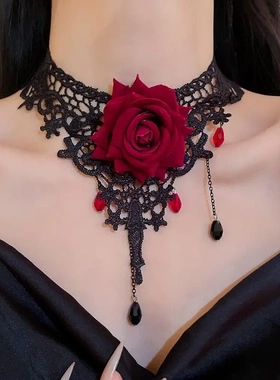 蕾丝玫瑰花流苏项链暗黑风舞会新款锁骨链复古礼服高级感项饰