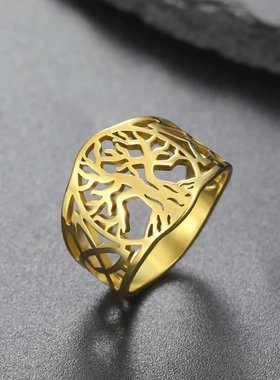 欧美爆款钛钢指环法式复古北欧维京不锈钢生命大树凯尔特结女戒指