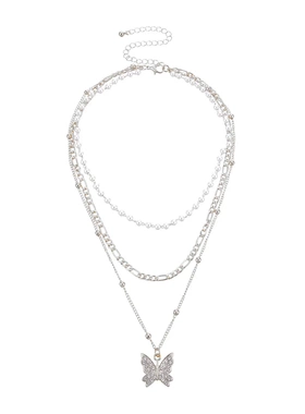 欧美饰品 复古珍珠满钻吊坠项链 时尚三比一圆珠链条项饰