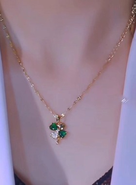 新款绿色四叶花吊坠项链气质精致