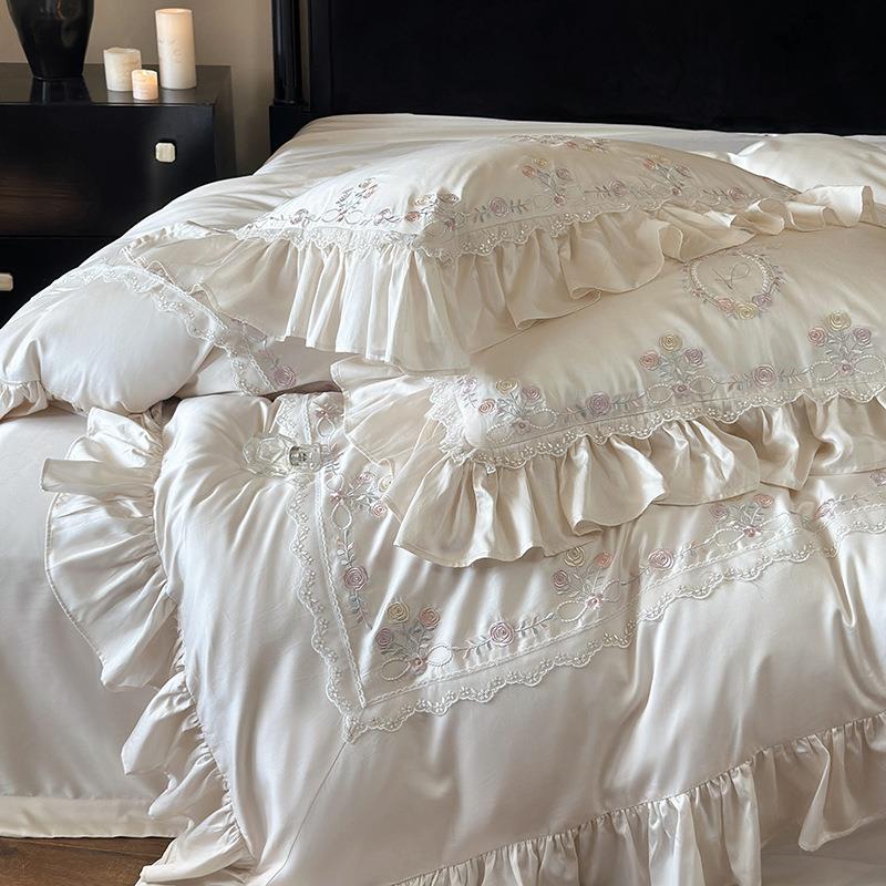 60sLF级兰精天丝四件套公主风蕾丝刺绣丝滑凉感被套床上用品 - 图2