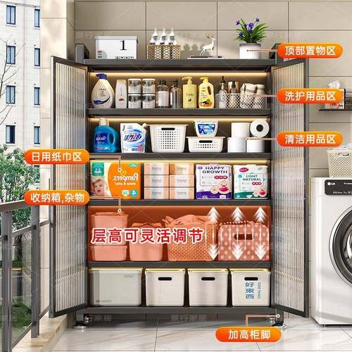 家用钢制阳台收纳柜防水防晒杂物衣柜落地多层置物架铁皮收纳柜子 - 图0