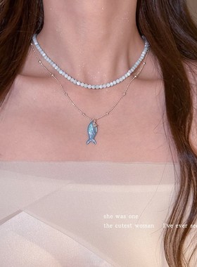 蓝色小鱼吊坠项链女小众设计感颈链锁骨链森系耳饰品耳扣耳钉耳环