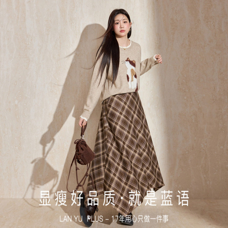 蓝语大码女装复古美拉德咖格纹半身裙2026春季新品不规则显瘦长裙,淘宝优惠券,粉丝福利购,淘宝优惠卷