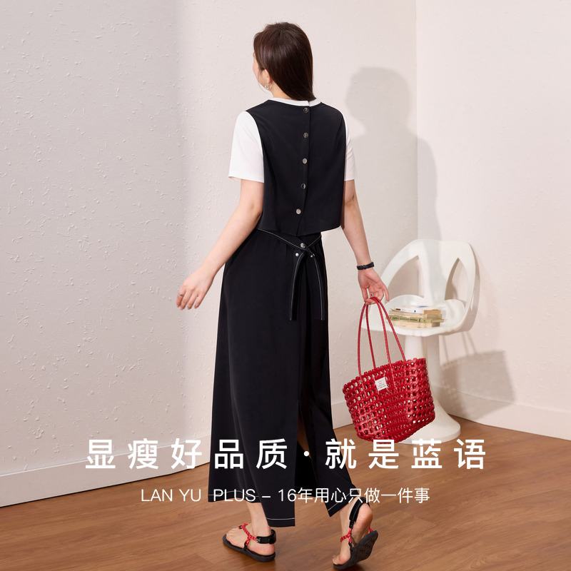 蓝语大码女装设计感绑带假两件T恤梨型身材半身裙夏季一整套穿搭 - 图2