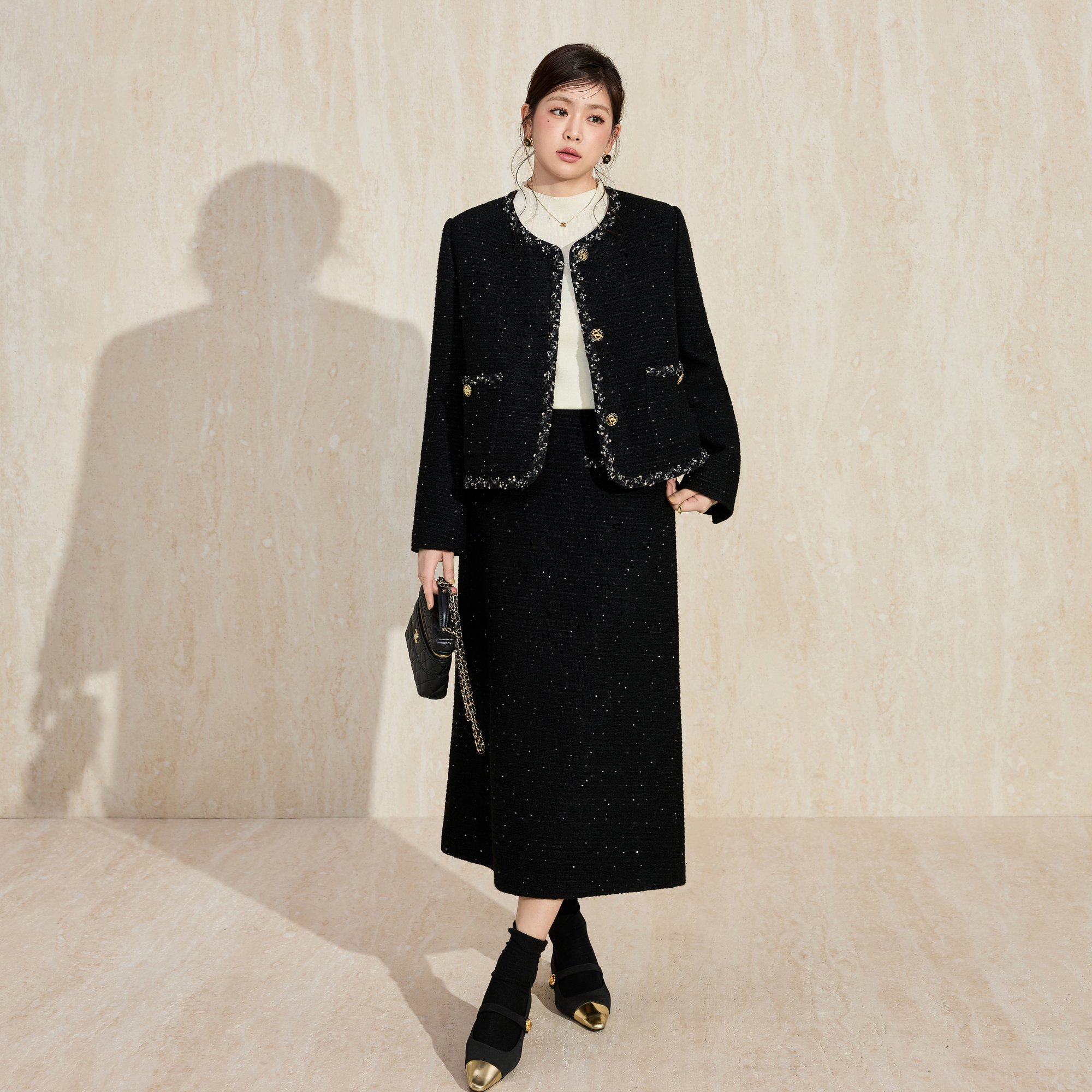 蓝语大码90白鹅绒羽绒服小香风外套气质粗花呢羊毛混纺A字半身裙 - 图0