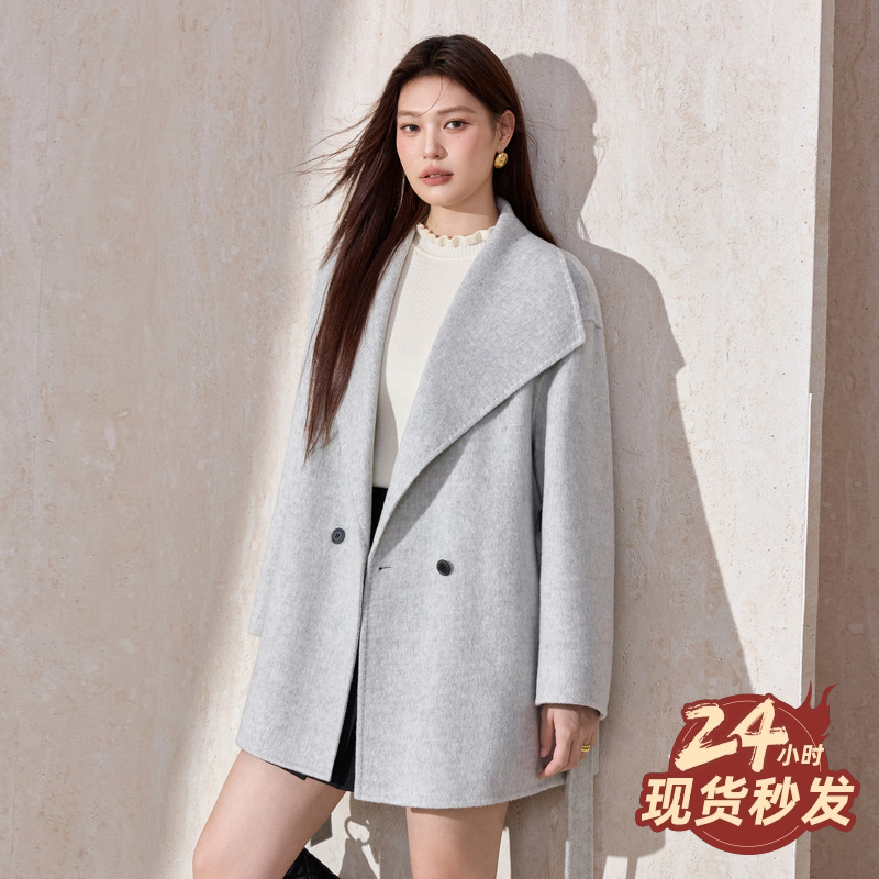 蓝语大码大翻领绵羊毛大衣女2025冬新款系带纯色中长款双面呢外套 - 图0