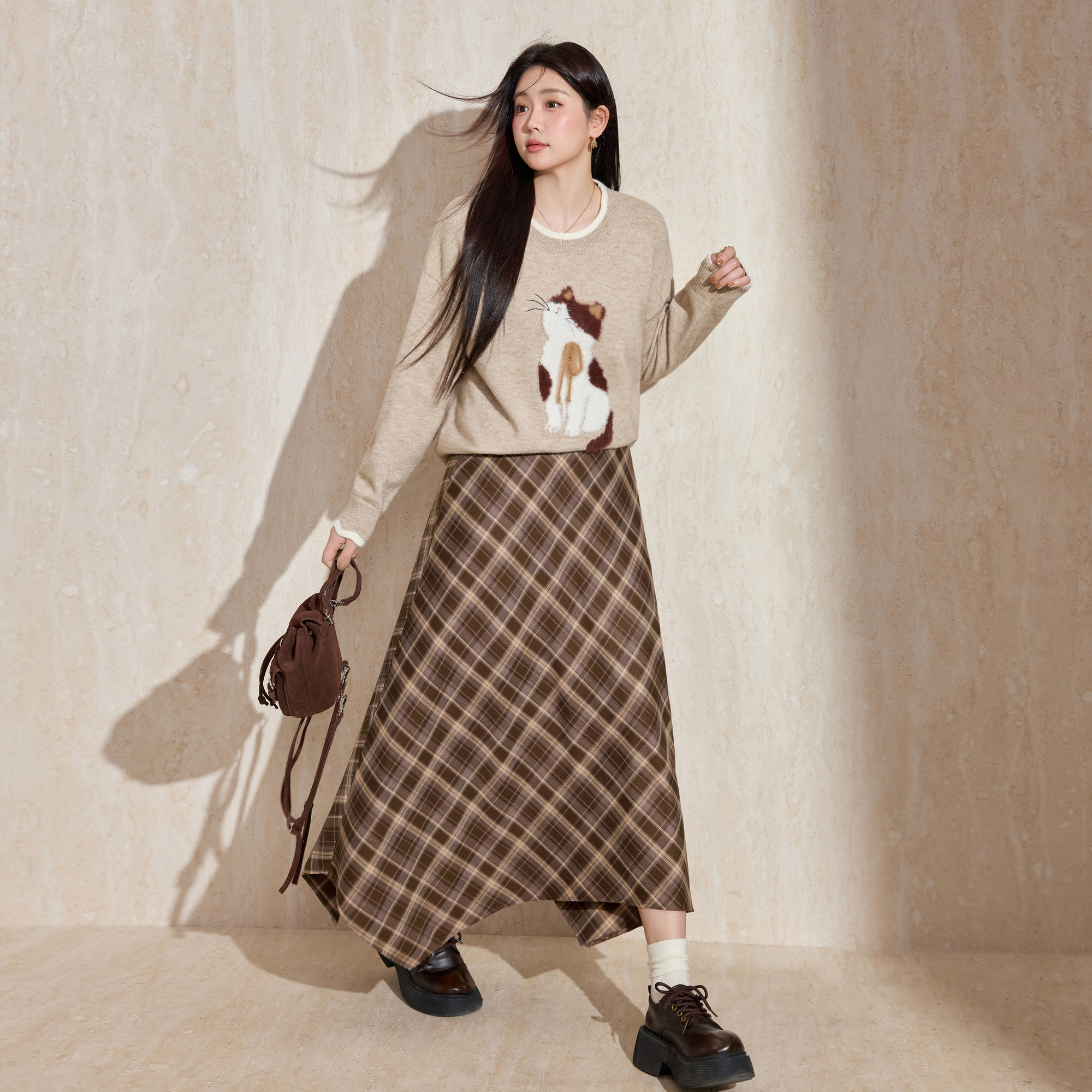 蓝语大码女装复古美拉德咖格纹半身裙2026春季新品不规则显瘦长裙,淘宝优惠券,粉丝福利购,淘宝优惠卷