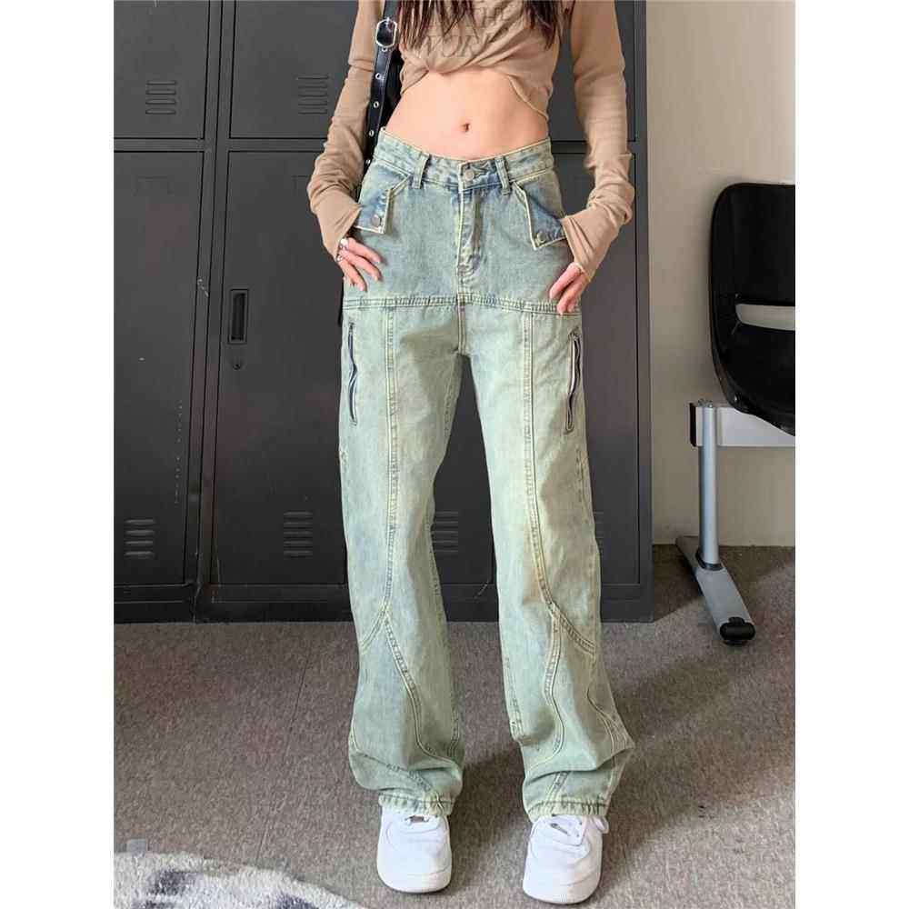 美式高街复古水洗宽松直筒工装牛仔裤大码女装高腰阔腿长裤显瘦潮,淘宝优惠券,粉丝福利购,淘宝优惠卷