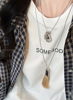 车静媛同款流苏毛刷子项链女独特小众设计时髦卫衣链长款挂脖配饰