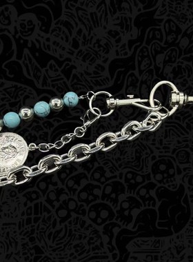 灵魂对撞 SoulCollision 蓝底黑纹松石手工串珠牛仔裤链复古街头