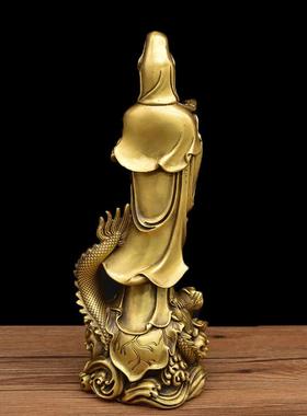 纯铜观音菩萨摆件御龙观音佛像双龙戏水自在观音铜像家居桌面神像