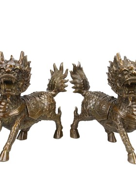 纯铜麒麟仿古麒麟摆件一对