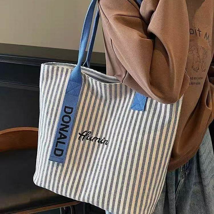新款条纹帆布包包女新款大容量上课手提袋韩系单肩通勤托特包,淘宝优惠券,粉丝福利购,淘宝优惠卷