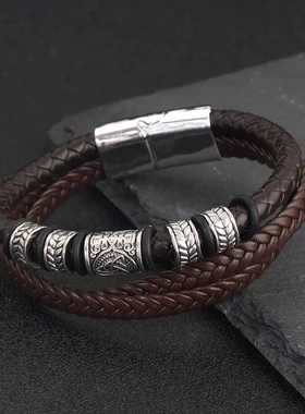 2024欧美风男款多层皮质编织手镯个性不锈钢磁铁扣皮革手链