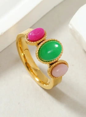 欧美风不锈钢饰品简约气质彩色宝石钛钢手镯戒指女不掉色轻手饰