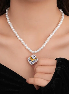 菱形滴油鲸鱼锆石花朵珍珠款项链法式复古锁骨链轻奢高级感项饰女
