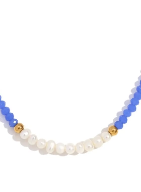 欧美气质复古项坠不锈子十颗淡水珍珠蓝色切面水晶手工项链女