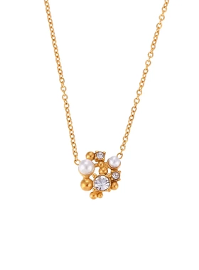 欧美ins时尚简约异形水钻珍珠花朵耳钉不锈钢镀18k个性项坠项链