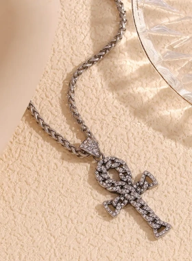 欧美个性嘻哈复古项坠不锈钢镀18k金满钻十字架吊坠编织链项链男