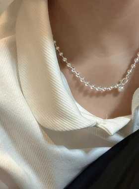 简约圆形几何珍珠款项链时尚潮流百搭锁骨链法式气质复古项饰