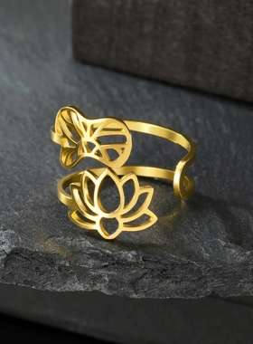 新品韩版甜美小清新风切割不锈钢荷花女式戒指可调节钛钢指环