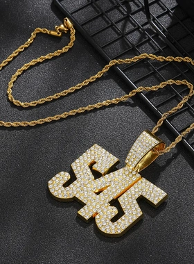 欧美个性嘻哈数字545吊坠项链镶满钻街头潮流男士古巴链饰品