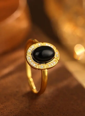 s925银欧美复古黑玛瑙戒指高级感椭圆食指戒轻奢设计指环女